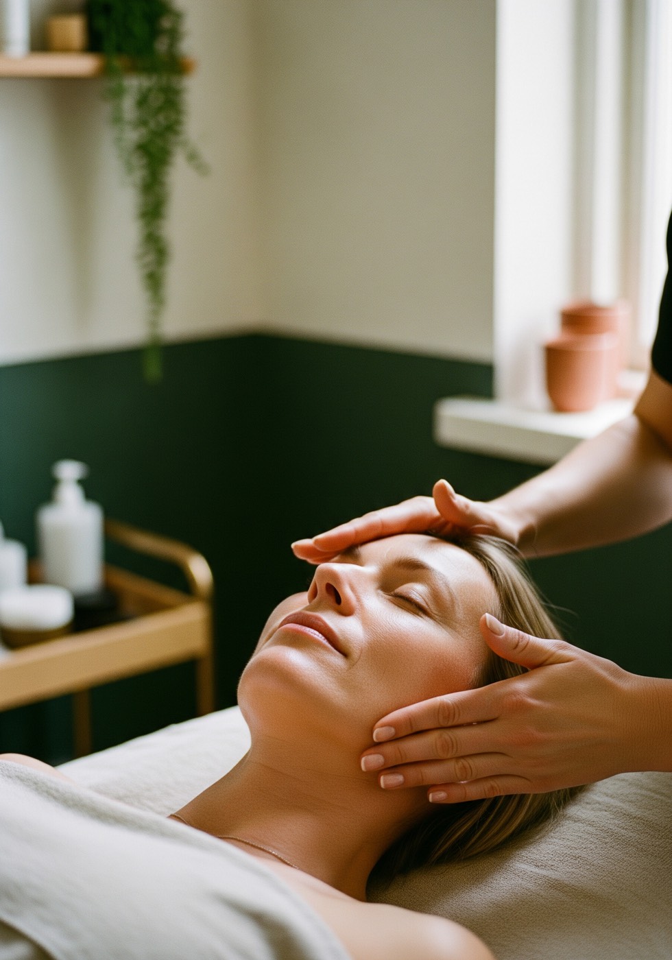 A client receiving the Linden Facial, eyes closed, a therapist's hands working in cream.