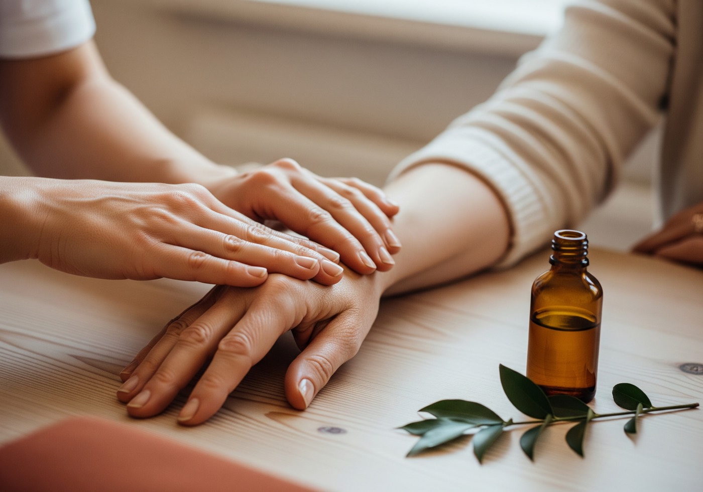 A slow manicure: a therapist works linden oil into a client's hand at a wooden table.
