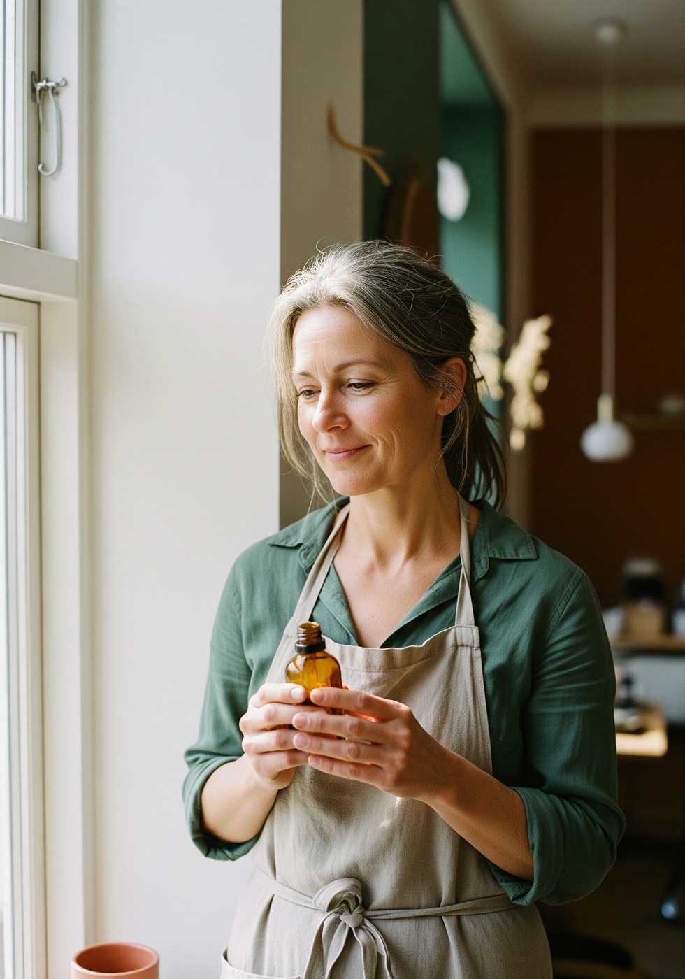 Mette Lindgren, founder of Lindgren Beauty, by a window in the salon holding a small amber bottle.