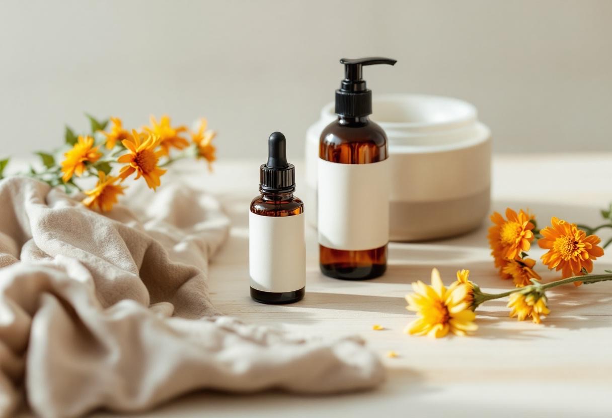 Amber glass bottles and a ceramic jar of botanical skincare on a wooden surface with calendula flowers.