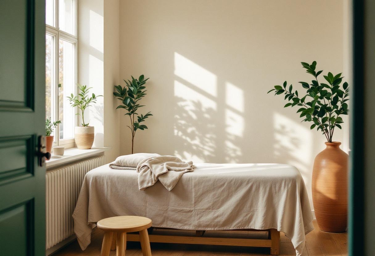 A treatment room at Lindgren Beauty: linen-draped bed, plants, a terracotta vase and soft morning light.