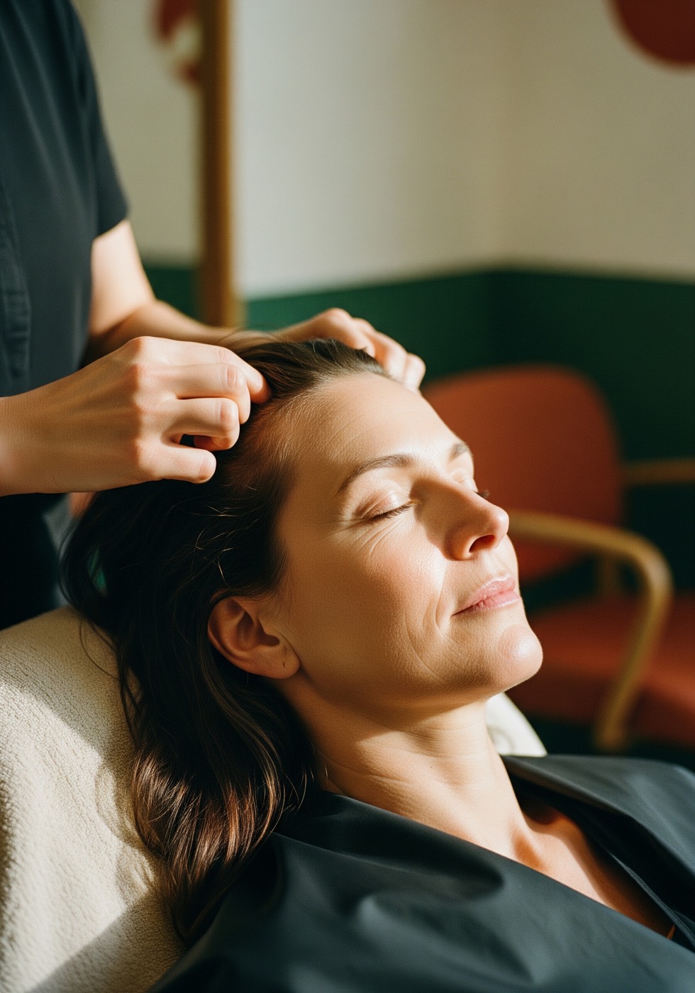 Scalp & Shoulders: a client reclines while a therapist massages the temples.